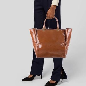 Lanvin Moon River brown patent leather tote with gold‎ hardware
